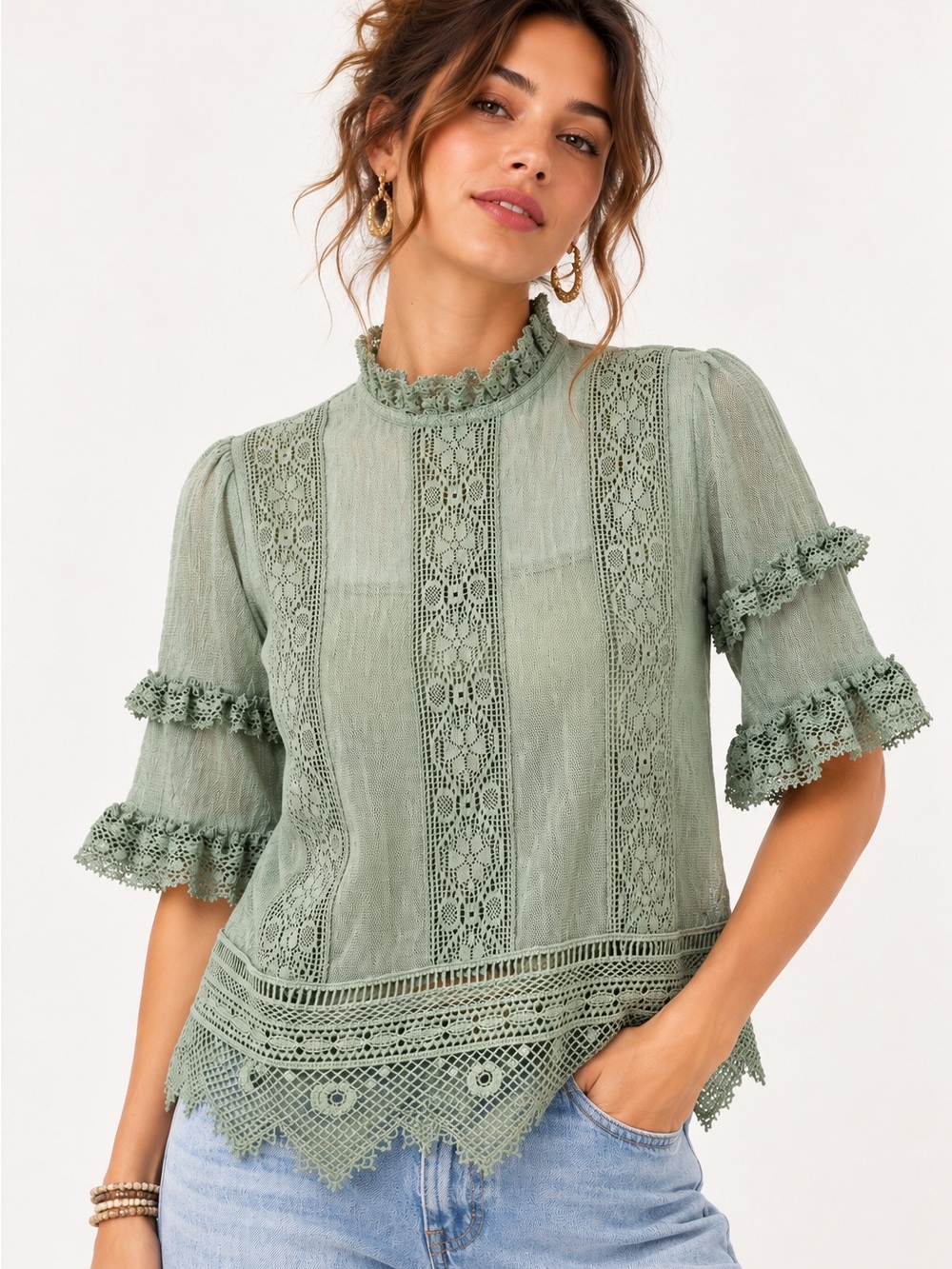 Anthropologie $68 Blue Tassel Mattie Lace Top in Sage Green Ruffle Sleeve Blouse